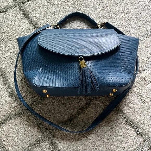 ONNA EHRLICH Amelia Leather Satchel with Tassel blue bag top handle - Picture 1 of 15